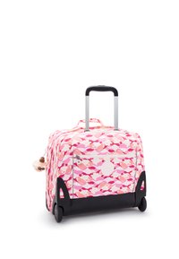 Mönstrad rullväska med en rosa och vit vågdesign, tygutsida, utdragbart handtag, svart bas och sidofack med dragkedja.