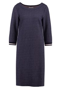 Mörkblå klänning med rund halsringning, trekvartsärmar, strukturerat mönster och randig kant vid ärmslut.