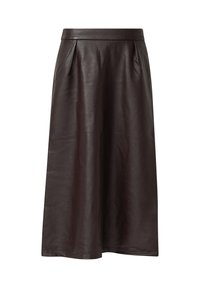 Bruine leren rok met een soepele textuur, hoge taille en geplooid ontwerp. De zoom valt onder de knie voor een vloeiende silhoeet.