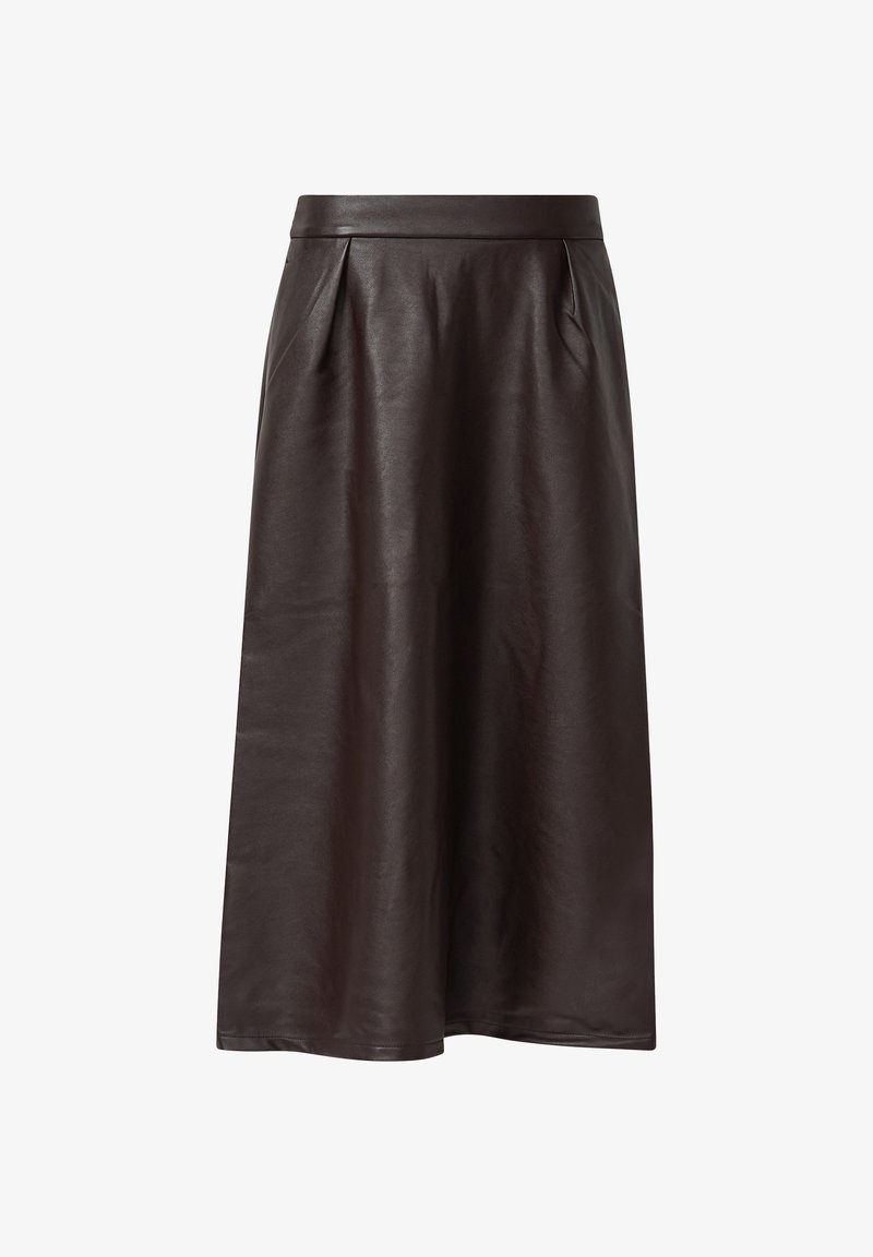 Jupe en cuir marron avec une texture lisse, taille haute et design plissé. L'ourlet tombe sous le genou pour une silhouette fluide.