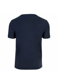 Marineblaues Baumwoll-T-Shirt mit kurzen Ärmeln, Rundhalsausschnitt und glatter Textur. Einfaches, ungeschmücktes Rückendesign.