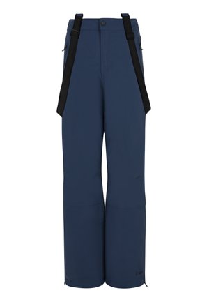 Pantalons de ski bleu marine en matériau imperméable, dotés de bretelles noires ajustables, de zips latéraux et d'une coupe fuselée.