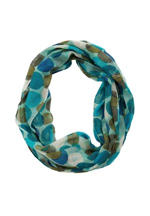 Écharpe légère de type infini présentant un mélange de motifs circulaires turquoise, bleu et vert sur un tissu transparent, avec une texture douce.