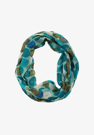 Leichtes, unendliches Tuch in einem Mix aus türkis, blau und grünen kreisförmigen Mustern auf einem durchsichtigen Stoff mit weicher Textur.