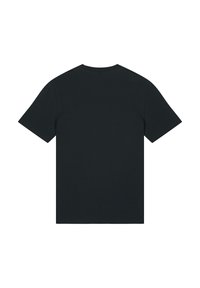 Schwarzes Kurzarm-T-Shirt aus Baumwolle. Verfügt über einen klassischen Rundhalsausschnitt und eine glatte, gleichmäßige Textur ohne sichtbare Marken oder Muster.