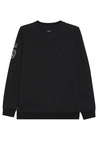 Black sweatshirt with long sleeves, crew neckline, and ribbed cuffs. Features a textured fabric and a logo detail on the left sleeve.