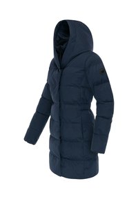 Tamno plava jesenja jakna s kapuljačom, koja se zatvara na zip i ima elastičnu traku u struku. Mekana, quilted tekstura s logom na rukavu.