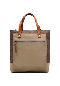 Krepšys su rudu audiniu išorėje, kreminio sintetinio dugno ir priekinės dalies, odinėmis rankenomis ir užtrauktuku uždaryta priekine kišenė su odiniu traukimo kilpos elementu.