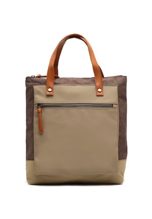 Krepšys su rudu audiniu išorėje, kreminio sintetinio dugno ir priekinės dalies, odinėmis rankenomis ir užtrauktuku uždaryta priekine kišenė su odiniu traukimo kilpos elementu.