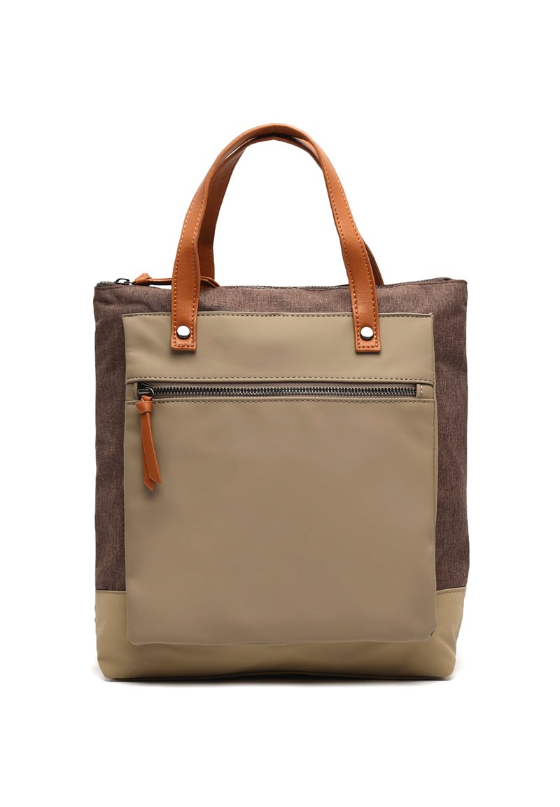 Krepšys su rudu audiniu išorėje, kreminio sintetinio dugno ir priekinės dalies, odinėmis rankenomis ir užtrauktuku uždaryta priekine kišenė su odiniu traukimo kilpos elementu.