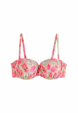 Bikini top med blomsterprint med pink og orange blomster på beige baggrund, med justerbare tynde skulderstropper og formstøbte skåle.