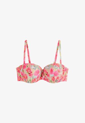 Bikinitop met bloemenprint met roze en oranje bloemen op een beige achtergrond, met verstelbare dunne schouderbandjes en gevormde cups.
