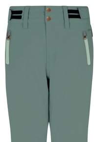 Pantalon d'extérieur vert avec deux poches avant zippées, passants pour ceinture, deux boutons et pattes de réglage à la taille avec fermeture Velcro.