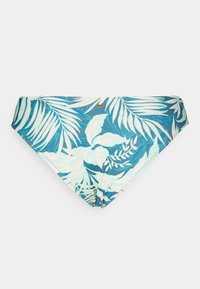 Parte de baixo de biquíni com um design tropical, apresentando um fundo azul com folhas de palmeira brancas e um pequeno detalhe em logo dourado.