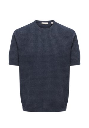 Pánsky námornícky modrý krátky pletený sveter s jemným textúrovaným vzorom a okrúhlym výstrihom.