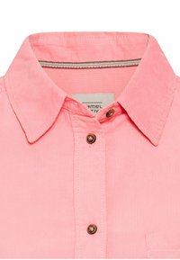 Rosa Corduroy-Hemd mit Knopfleiste, spitzem Kragen und einer Tasche. Verfügt über einen strukturierten Stoff und braune Knöpfe.