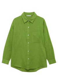 Chemise en lin vert avec col, manches longues, fermeture à boutons sur le devant et poche poitrine gauche. Présente une finition en tissu texturé.