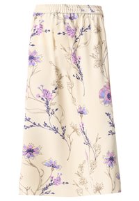 Blommig midikjol i ljusbeige tyg. Har mönster av lila och blå blommor med gröna detaljer. Elastisk midja för komfort.
