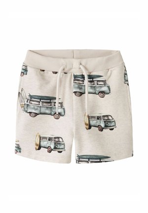 Short beige pour enfants avec taille à cordon, présentant un motif répétitif de vans vintage bleus avec des planches de surf.
