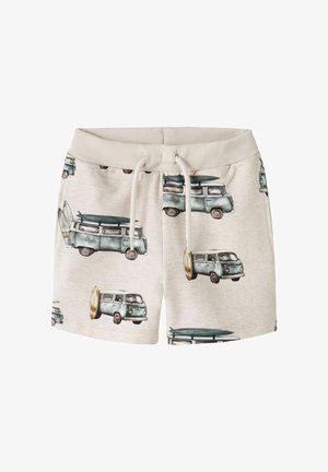 Short beige pour enfants avec taille à cordon, présentant un motif répétitif de vans vintage bleus avec des planches de surf.
