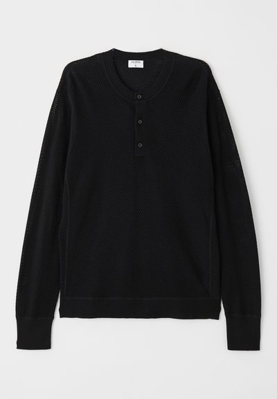 Melnas garās piedurknes krekls, izgatavots no tīkla auduma, ar apaļu kakla izgriezumu, pogu slēgšanu un ribotiem piedurkņu galiem ar strukturētu apdari.