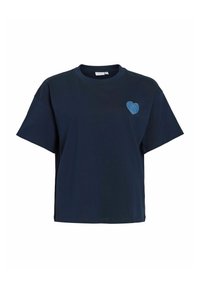 Námořnicky modré bavlněné tričko s krátkými rukávy a kulatým výstřihem, s světle modrým džínovým srdíčkovým nášivkou na levé straně hrudi.