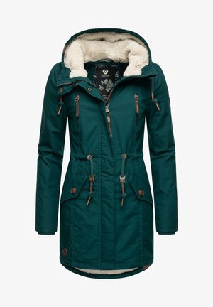 Teal parka jacket with a faux fur-lined hood, zippered pockets, and adjustable drawstrings at the waist and hood for a tailored fit.