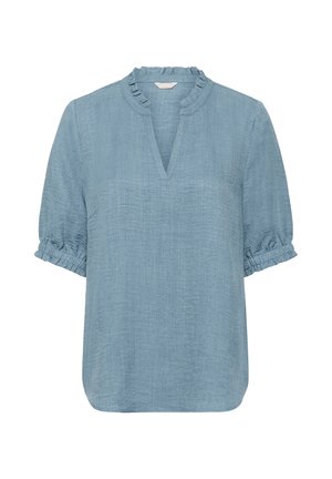 Blusa azzurra a maniche corte in tessuto morbido, con scollatura a V rifinita con volant e polsini elasticizzati per una vestibilità rilassata.