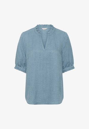 Blusa azzurra a maniche corte in tessuto morbido, con scollatura a V rifinita con volant e polsini elasticizzati per una vestibilità rilassata.