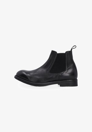 Schwarze Leder Chelsea-Boots mit elastischen seitlichen Einsätzen, abgerundetem Zehenbereich und strukturiertem Finish. Klassisches Design mit niedrigem, gestapeltem Absatz.