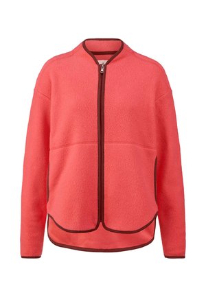 Koraal fleece jas met een opstaande kraag, volledige ritssluiting aan de voorkant en donkerbruine afwerking. Beschikt over een relaxte pasvorm en naadloos schouderontwerp.