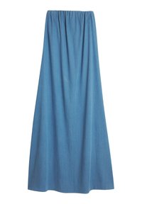 Denim maxiskjørt med samlet elastisk midjebånd. Ensfarget lys blå farge, glatt tekstur og gulvlengde uten mønstre eller detaljer.