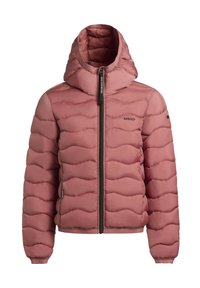 Pink padded jacket with a hood, featuring wavy quilted texture, a front zipper, and logo detail on the upper left side.