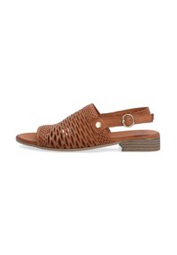 Braune Leder-Slingback-Sandale mit aufwendigem Ausschnittmuster, abgerundeter Zehenpartie, niedrigem gestapeltem Absatz und verstellbarem Schnallenriemen.