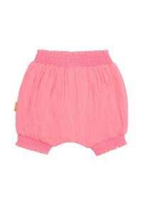 Combinaison en lin rose pour bébé avec une taille smockée et des ouvertures pour les jambes. Surface texturée avec des fronces pour un ajustement décontracté.