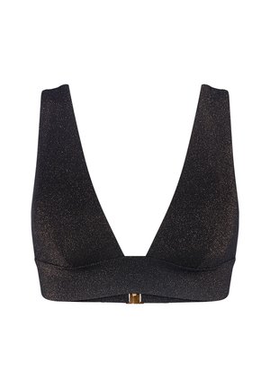Soutien-gorge noir pailleté avec un décolleté en V profond et des bretelles larges, avec une petite fermeture dorée au centre devant.
