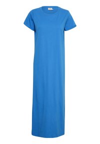 Robe bleu clair jusqu'aux genoux en coton doux, avec un col rond et des manches courtes ; design simple à coupe droite.