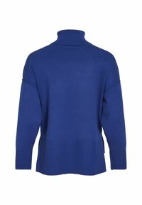 Maglione blu con collo alto, spalle scese e orlo a coste. Texture liscia con spacchi laterali sul fondo per un maggiore comfort.