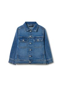 Blaue Jeansjacke mit langen Ärmeln, knöpfbarem Vorderteil, zwei Brusttaschen und klassischem Kragen. Hervorstehende Nähte und silberne Knöpfe.