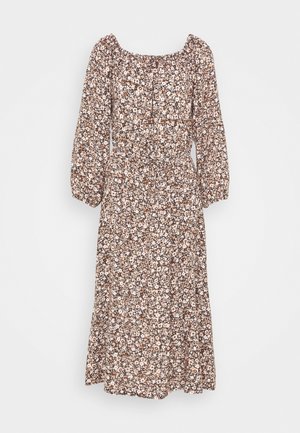 Robe midi fleurie avec un décolleté carré, base marron, fleurs blanches et orange, manches froncées et taille cintrée.