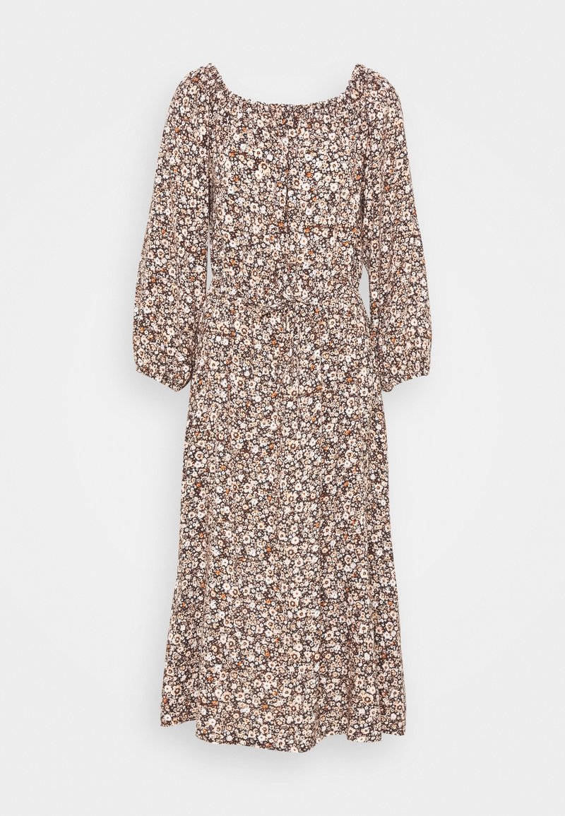 Robe midi fleurie avec un décolleté carré, base marron, fleurs blanches et orange, manches froncées et taille cintrée.