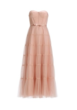 Strapless gown in soft pink, featuring a fitted bodice and a layered tulle skirt. Details include a bow at the waist and ruffled tiers.
