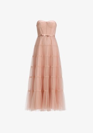 Strapless gown in soft pink, featuring a fitted bodice and a layered tulle skirt. Details include a bow at the waist and ruffled tiers.