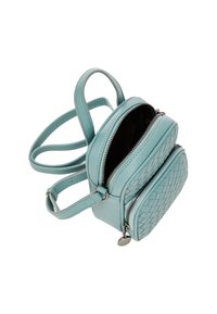 Světle modrá kožená crossbody taška se dvěma zipovými oddíly, tkaná textura na jedné straně a nastavitelnými popruhy. Stříbrné kovové detaily.