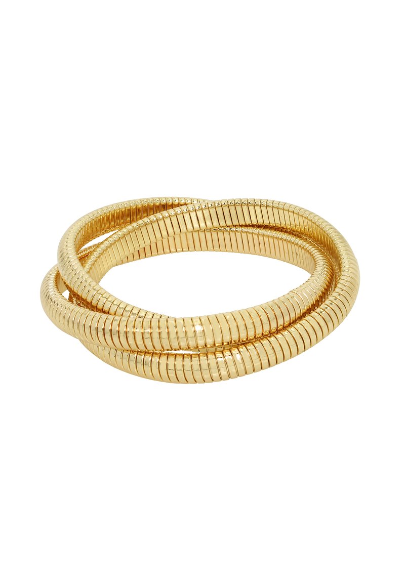 Gold-tone metal bangle featuring interconnected, flexible sections with a smooth, ridged texture. Circular design with reflective finish.