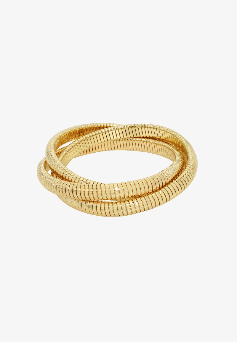 Gold-tone metal bangle featuring interconnected, flexible sections with a smooth, ridged texture. Circular design with reflective finish.