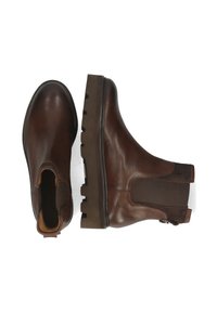 Brązowe skórzane botki za kostkę z elastycznymi panelami po bokach, masywną gumową podeszwą i eleganckim designem. Charakteryzują się zaokrąglonym noskiem i subtelnymi przeszyciami.