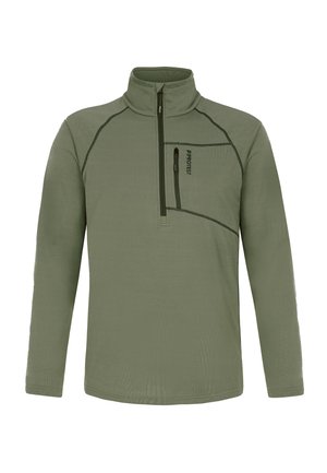 Groene fleece pullover met een hoge kraag, een rits aan de voorkant tot de helft en een borstzak. Bevat contrasterende stiksels en een gestructureerde stof.
