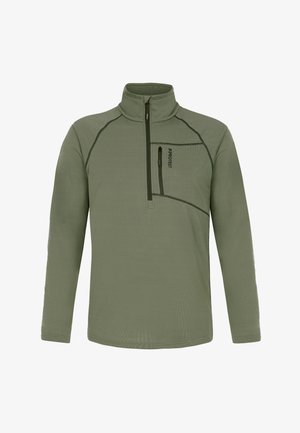 Groene fleece pullover met een hoge kraag, een rits aan de voorkant tot de helft en een borstzak. Bevat contrasterende stiksels en een gestructureerde stof.