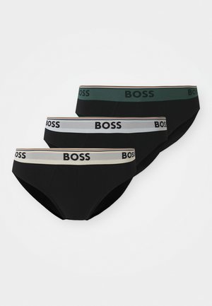 Three black men’s briefs with branded waistbands in green, gray, and beige, each labeled "BOSS" on a white background.